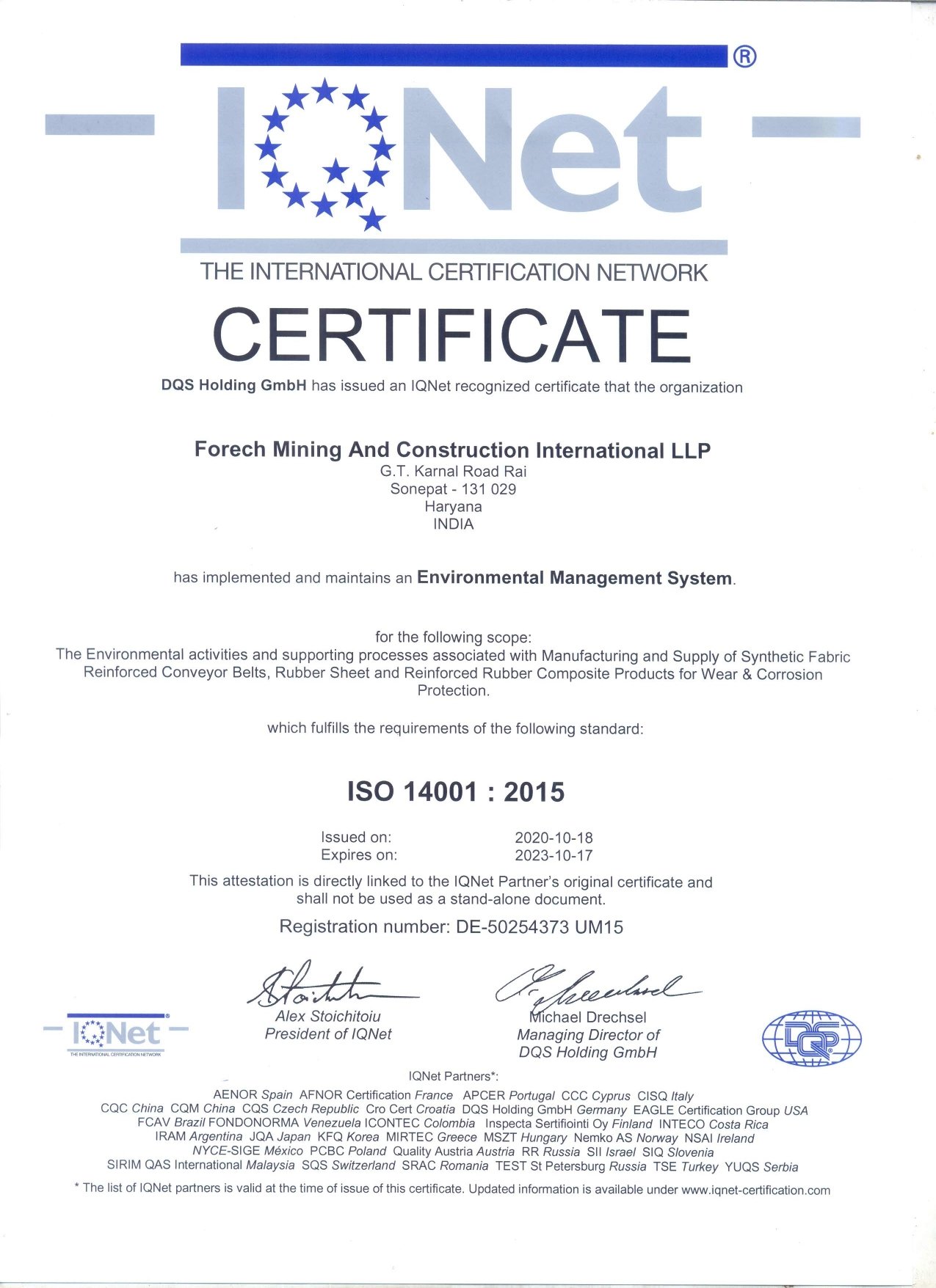 Escaneo de ISO 14001: 2015 (IQ NET) - Certificado FMCI