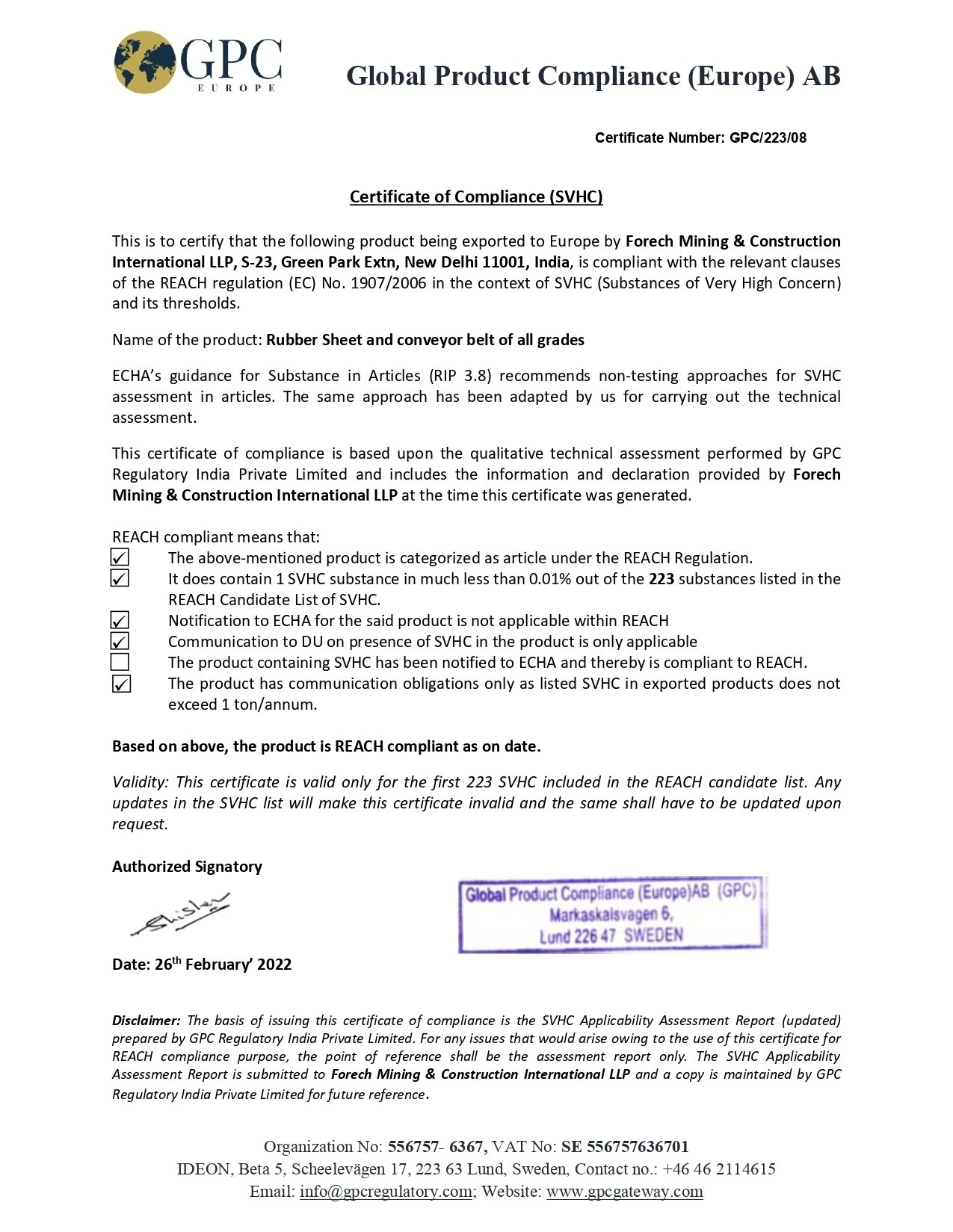 Scan of Certificat de conformité-Forech Mining & construction Int. SENCRL certificate