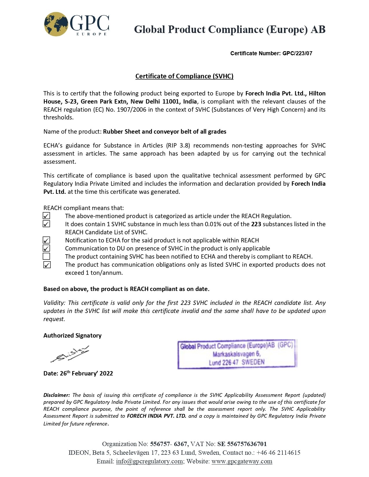 Scan of Certificat de conformité - Forech India Pvt. Ltd. certificate