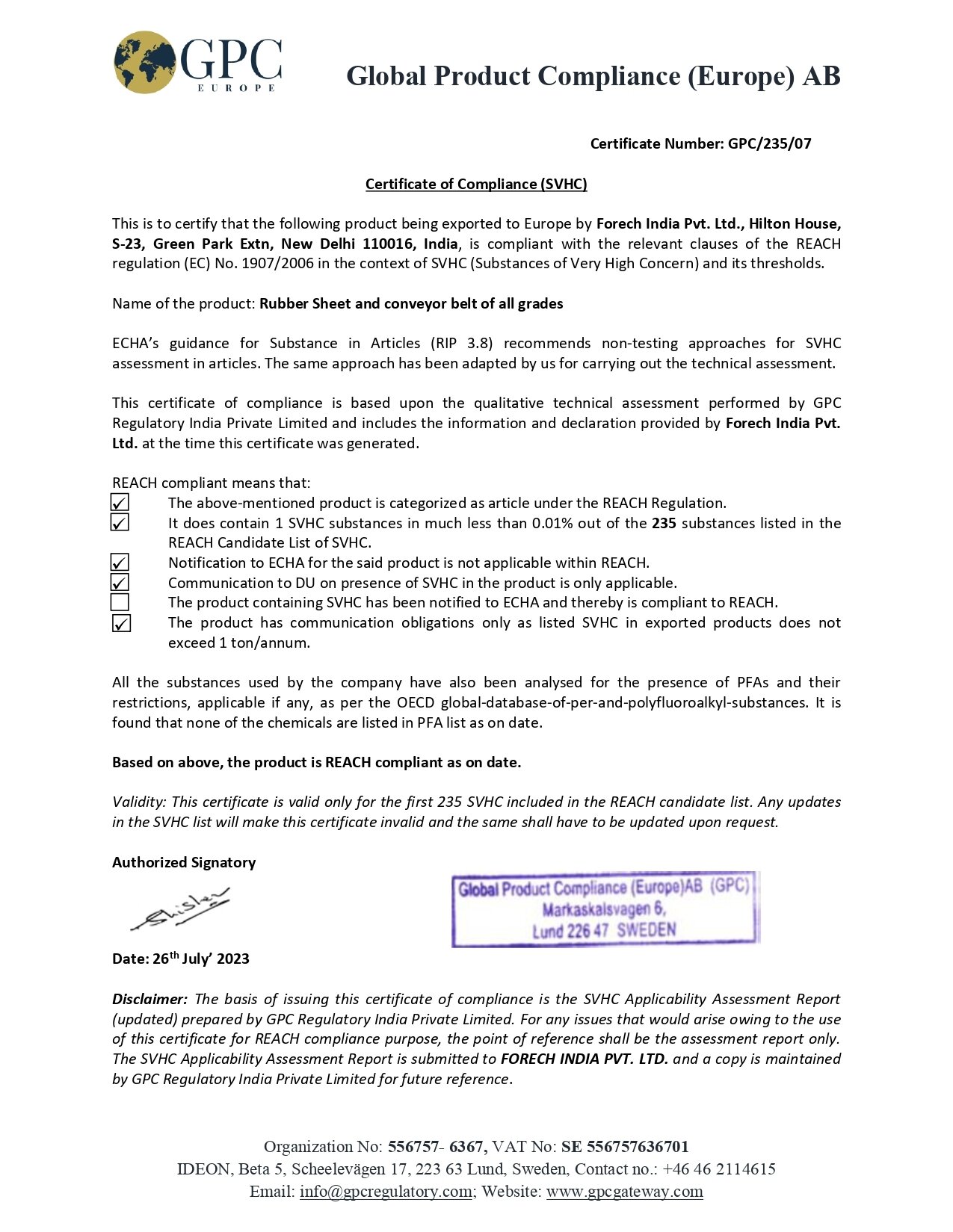 Scan of Certificate of Compliance- Forech India Pvt. Ltd. certificate