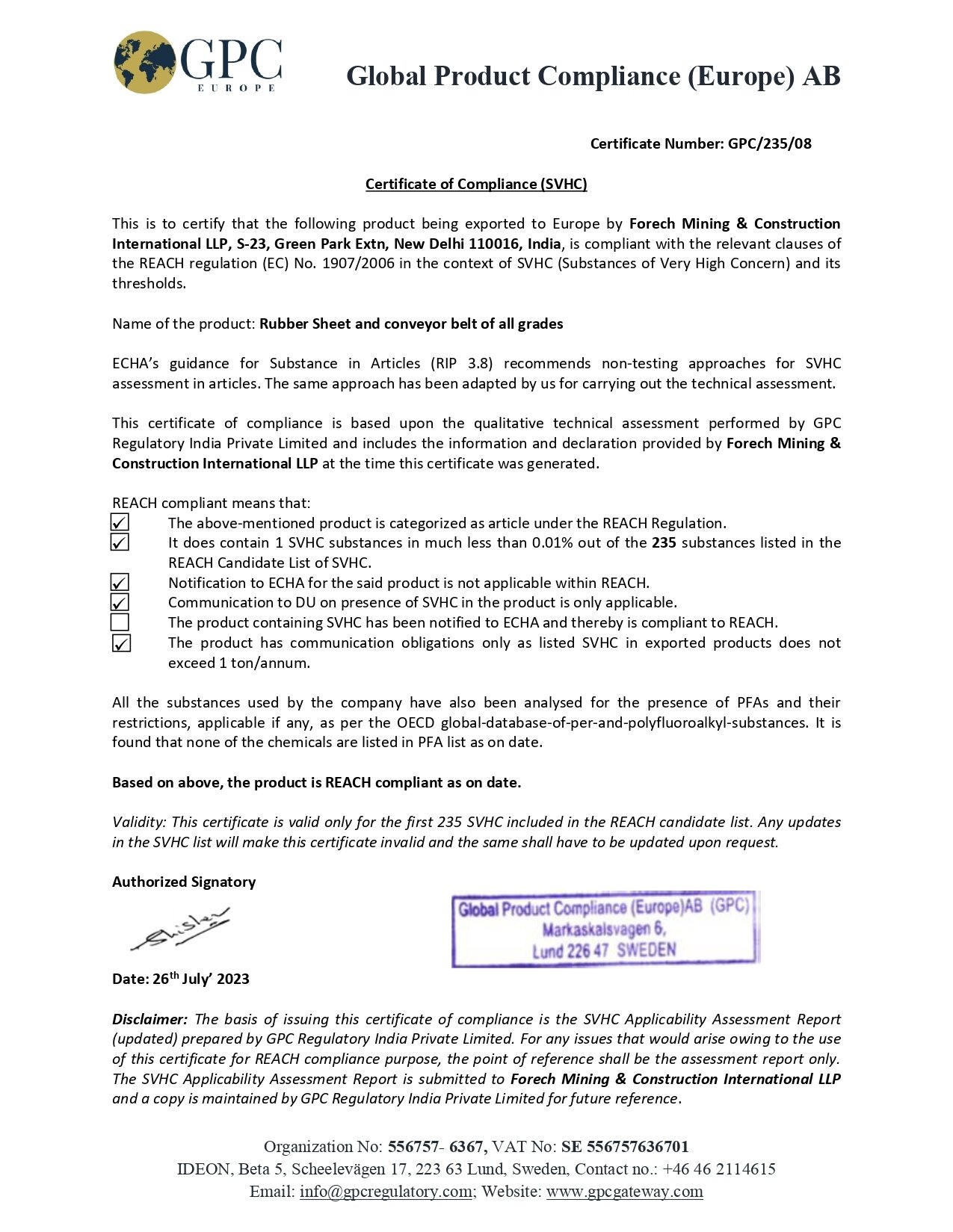 Scan of Certificate of compliance-Forech Mining & construction Int. LLP certificate